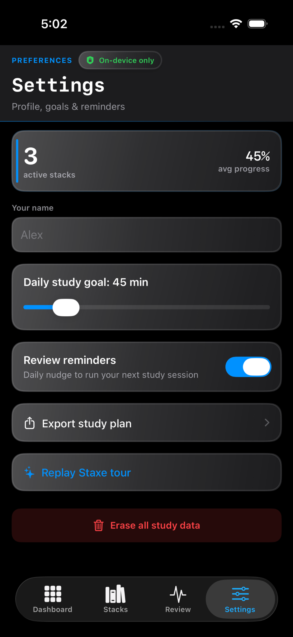Settings screen
