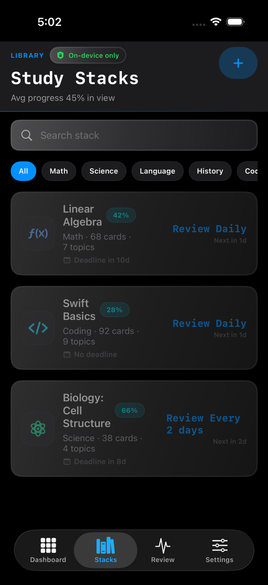 Study stacks screen